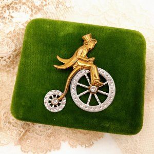 Antique Penny Farthing Bicycle Brooch, 1930s Man Riding Bike Pin, Cyclist Pin